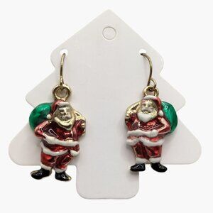 Santa Claus Dangle Earrings Red Green Enamel Gold Tone Christmas Jewelry